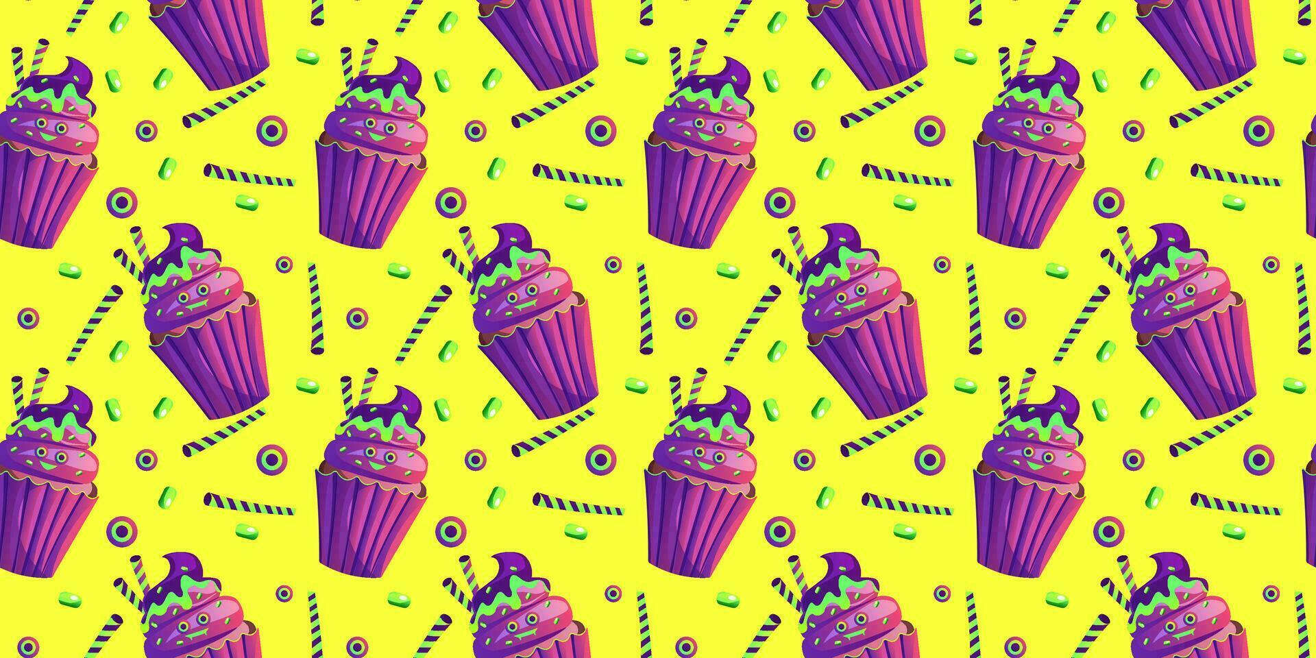 Monster cupcake seamless pattern for Halloween. Vector. can be used to create spooky and fun designs for Halloween-themed decorations, party invitations, treat bags vector