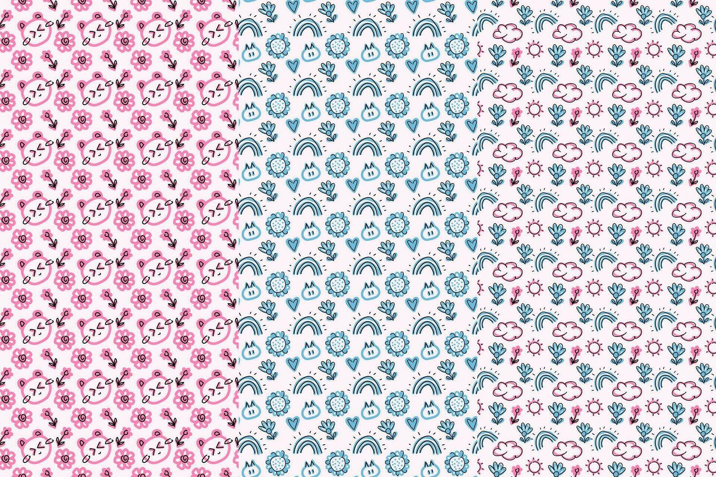 A charming seamless vector patterns set featuring colorful flowers and a rainbow, perfect for creating cute backgrounds for smartphone apps, wallpapers, chat interfaces, and more.