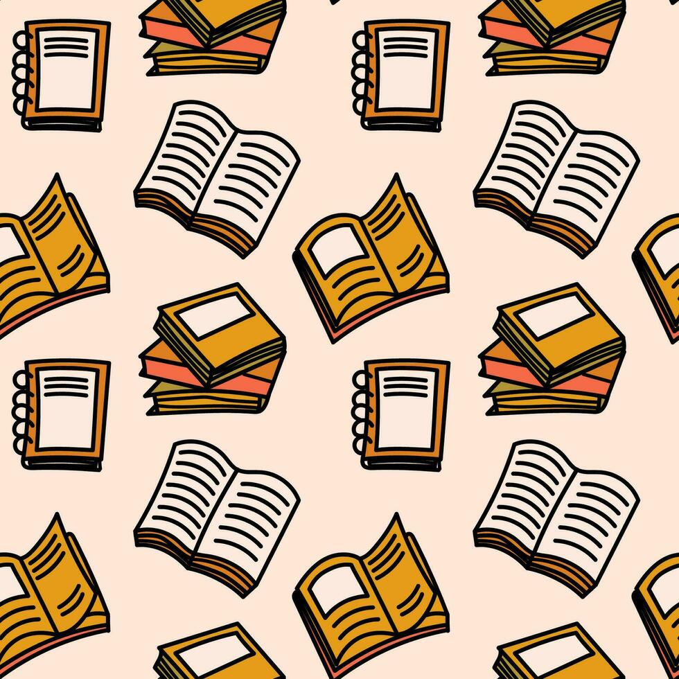 Cozy seamless pattern with books doodle illustration. Vector