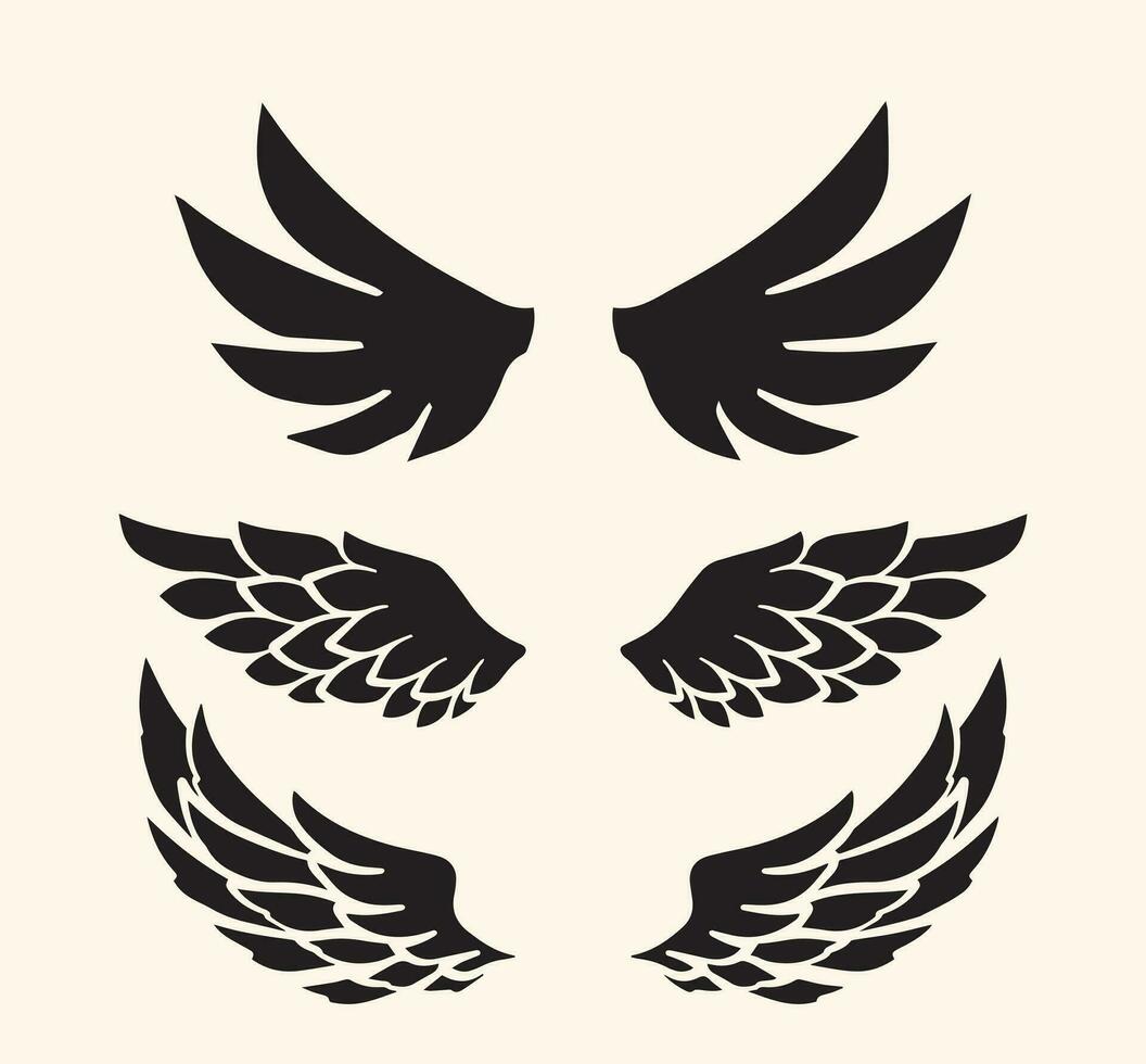 conjunto de mano dibujado ángel o pájaro alas siluetas vector