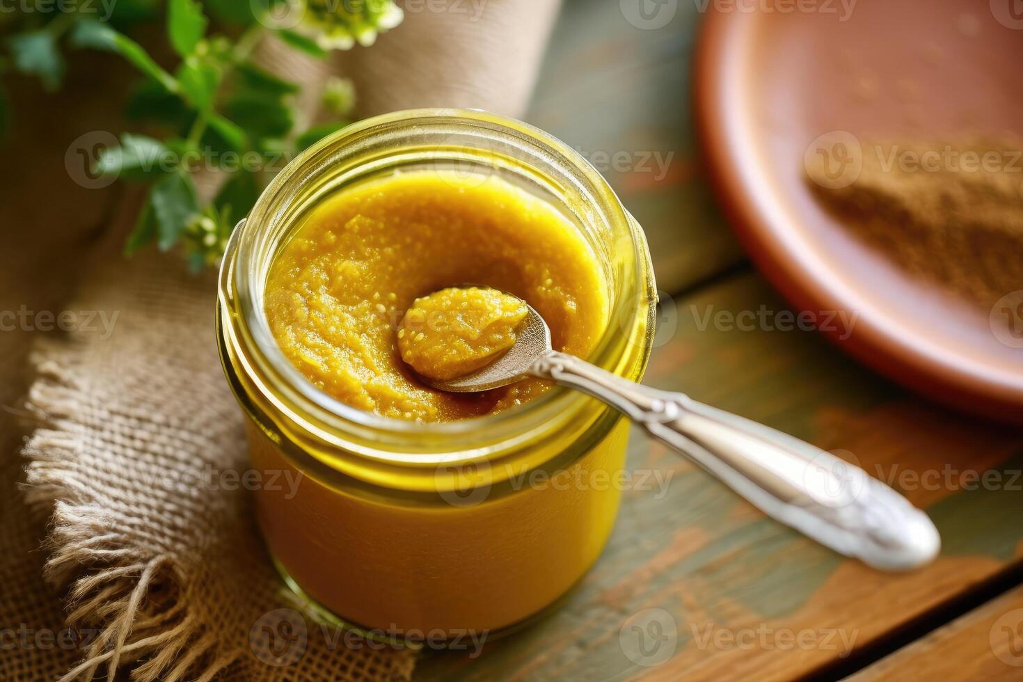 stock photo of mustard paste in kitchen table flat lay