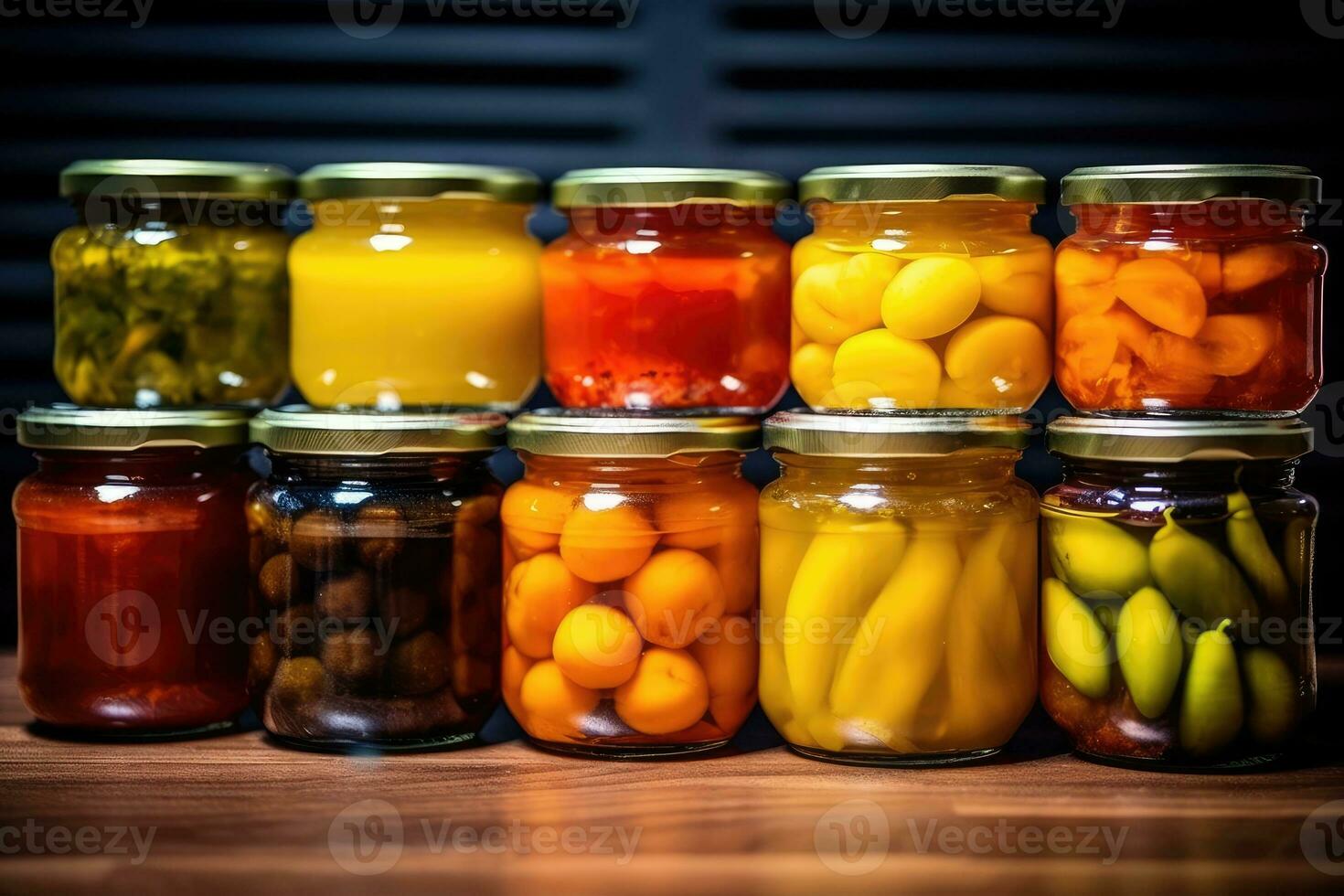Enlatado Fruta en el cocina mesa comida fotografía ai generado foto