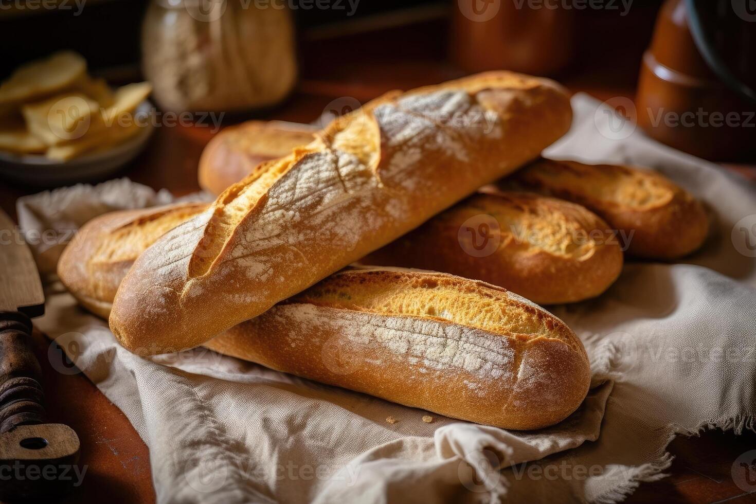 stock photo of french bread or baguette in kitchen table AI Generated