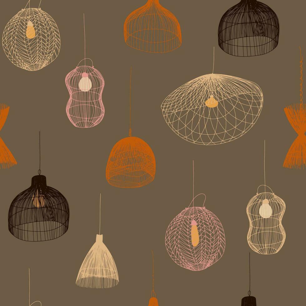 Seamless pattern with rattan lamps. Vector coffee illustration for creating a logo for an interior design studio or lighting studio.