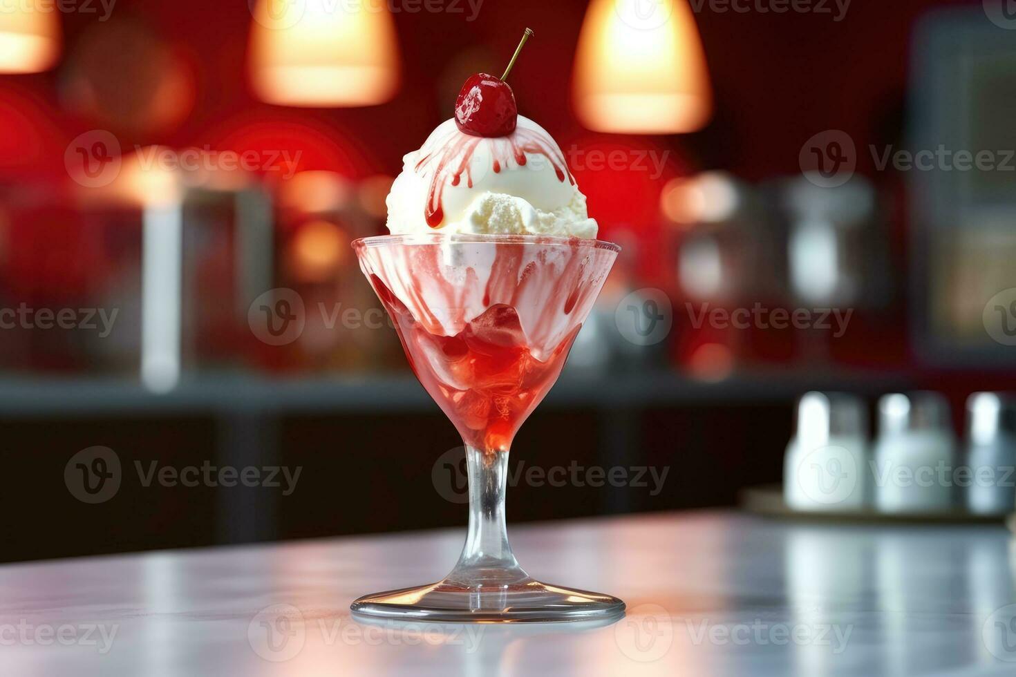 red light sundae in the kitchen table Food Photography AI Generated photo
