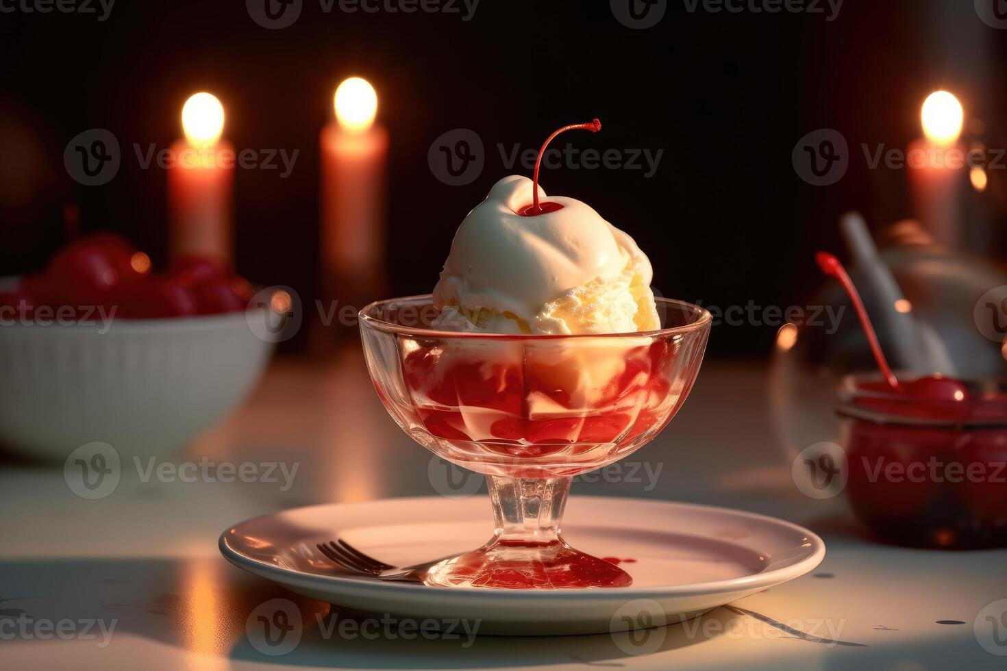 red light sundae in the kitchen table Food Photography photo