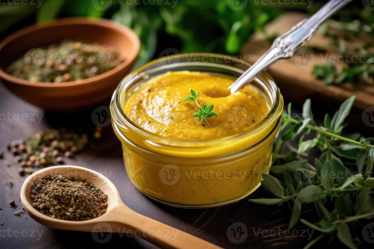 stock photo of mustard paste in kitchen table flat lay