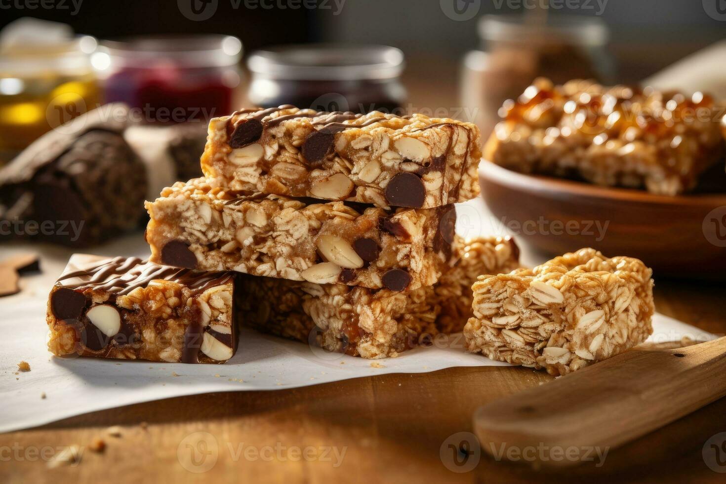 granola bars in the kitchen table Food Photography AI Generated photo