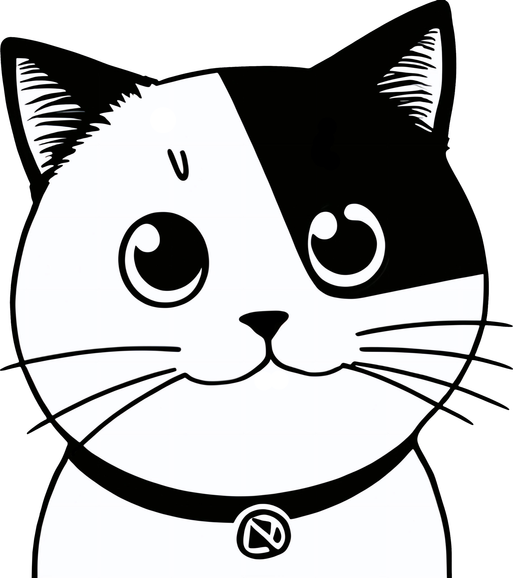 A closeup of a black and white cat drawing, a round minimalist behind