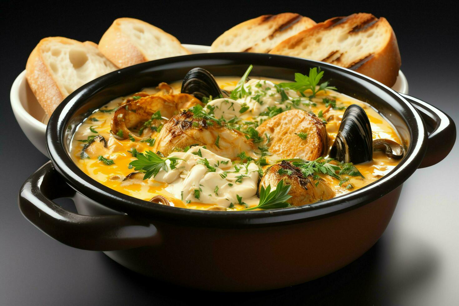 A delicious bouillabaisse soup food in a bowl. Marseille food and healthy protein soup meal concept by AI Generated photo