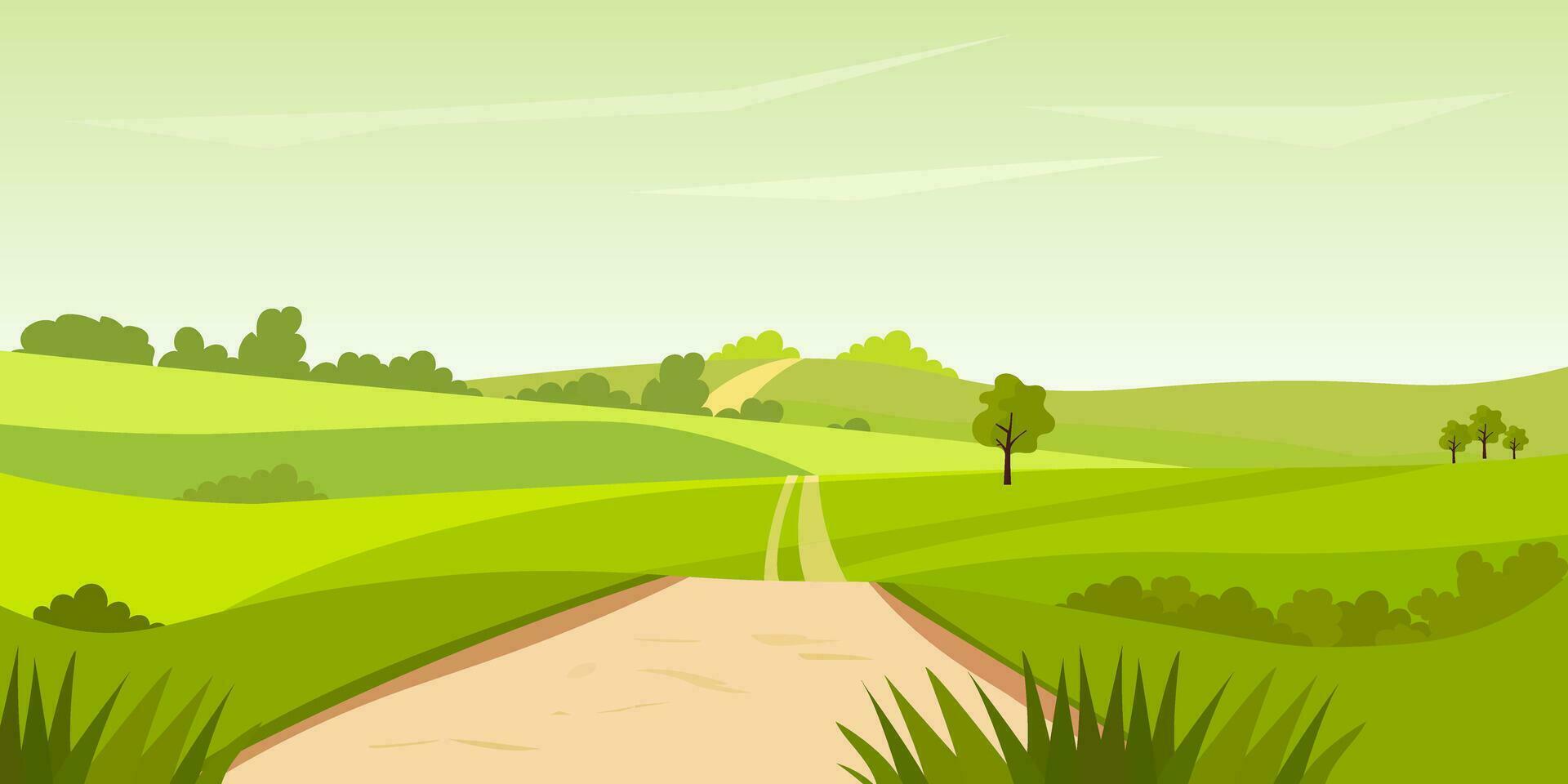 Cartoon rural grassland landscape, rural lane road to horizon through green pasture meadows with grass and trees in fields, summer farmland panorama. Farm field landscape vector illustration.