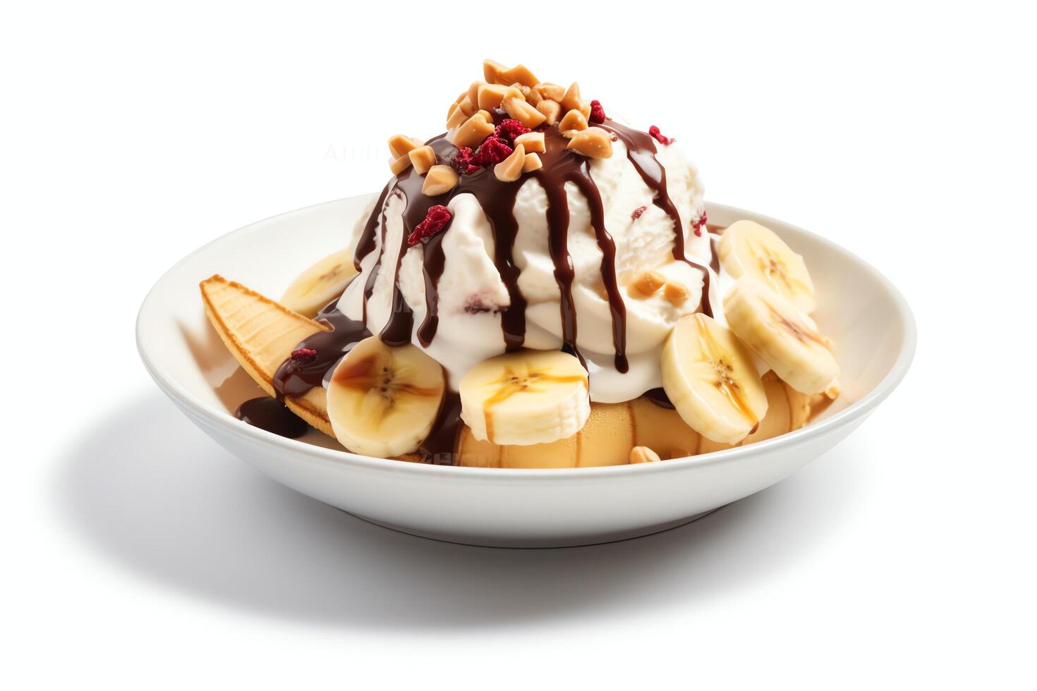 A delicious Banana split ice cream dessert with chocolate syrup. Banana split ice cream dessert by AI Generated photo