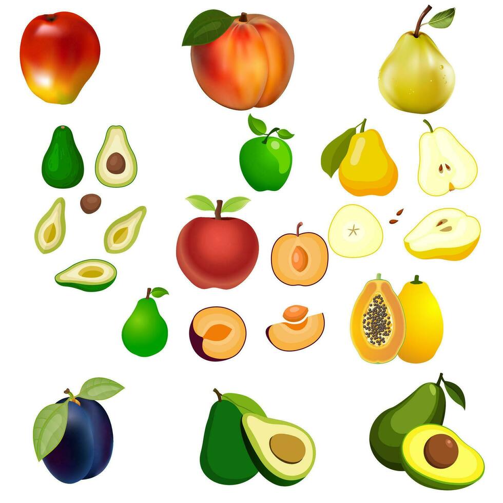 frambuesas, fresas, grosellas y arándanos limón, durazno, manzana, pera, naranja sandía aguacate y melón conjunto vector ilustración bayas y frutas en dibujos animados estilo.