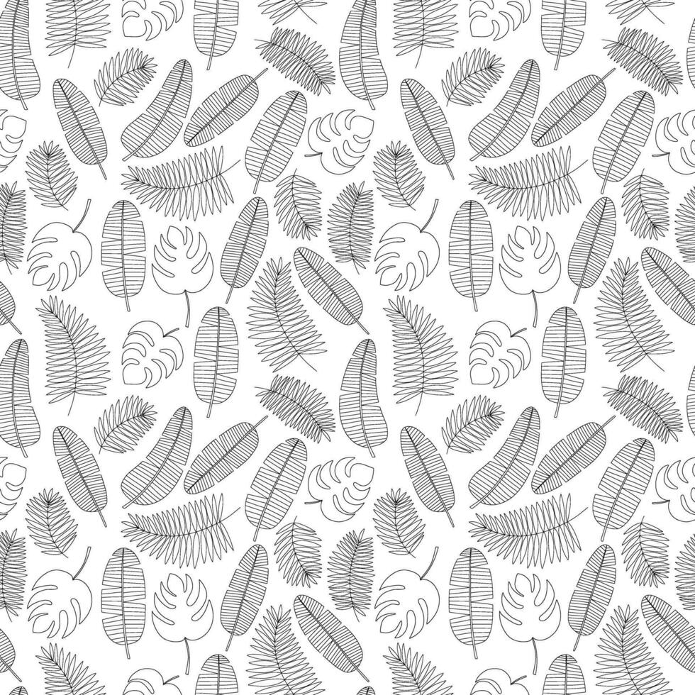 Tropical leaves black and white sketch seamless pattern. Hand drawn kinds of tropical leaves pattern. Monstera, palm leaf, banana leaf vector