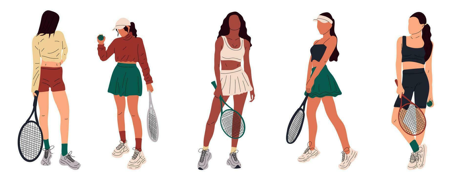 Set of Colorful sportswomen big tennis player. Professional sports female holding racket and hitting ball isolated on white. Girl character in trendy sportswear vector