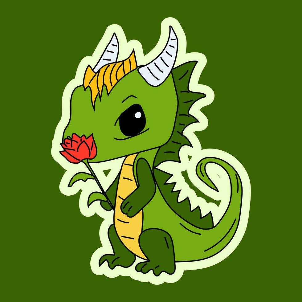 Vector Stock Illustration isolated Emoji character cartoon green dragon dinosaur sniffs a flower with a cup sticker emoticon for site, info graphics, video, animation.