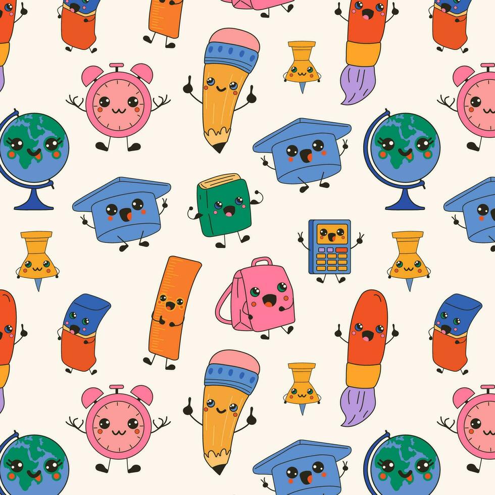 Seamless pattern with Cute happy funny School Item with kawaii eyes. Cartoon cheerful school mascot vector