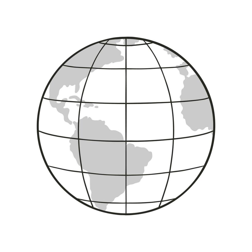 Outline Earth Globe with map of the World, parallels and meridians. Isolated vector illustration.