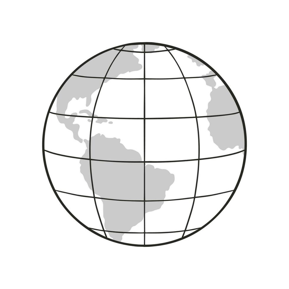 Outline Earth Globe with map of the World, parallels and meridians. Isolated vector illustration