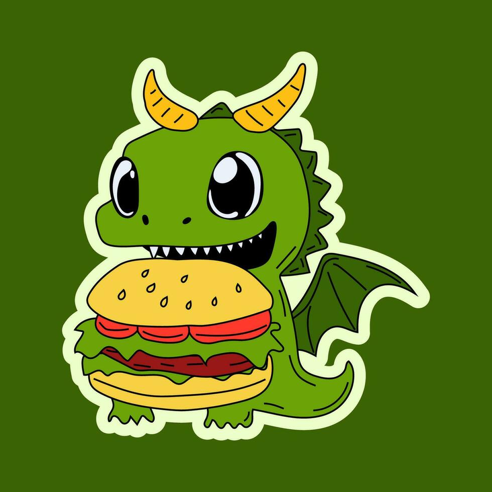 Vector Stock Illustration isolated Emoji character cartoon green dragon dinosaur eats a burger sticker emoticon for site, info graphics, video, animation