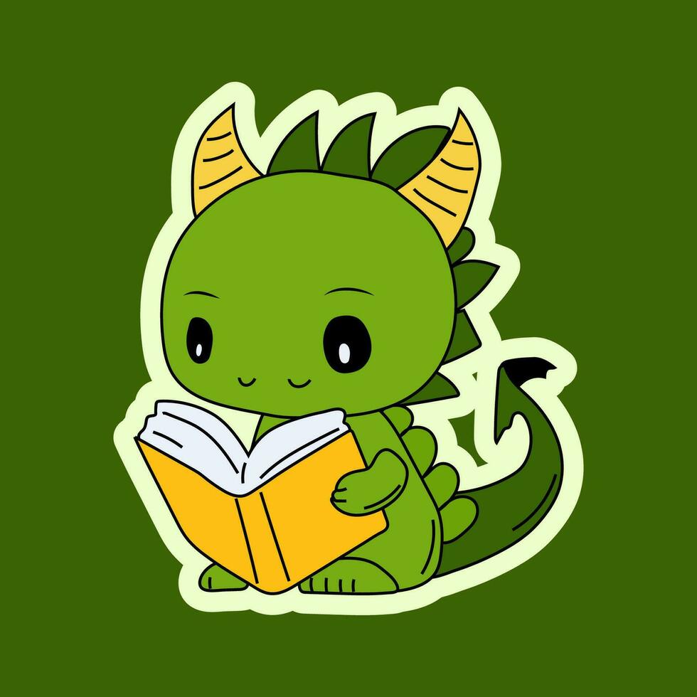 Vector Stock Illustration isolated Emoji character cartoon green dragon dinosaur reading a book sticker emoticon for site, info graphics, video, animation