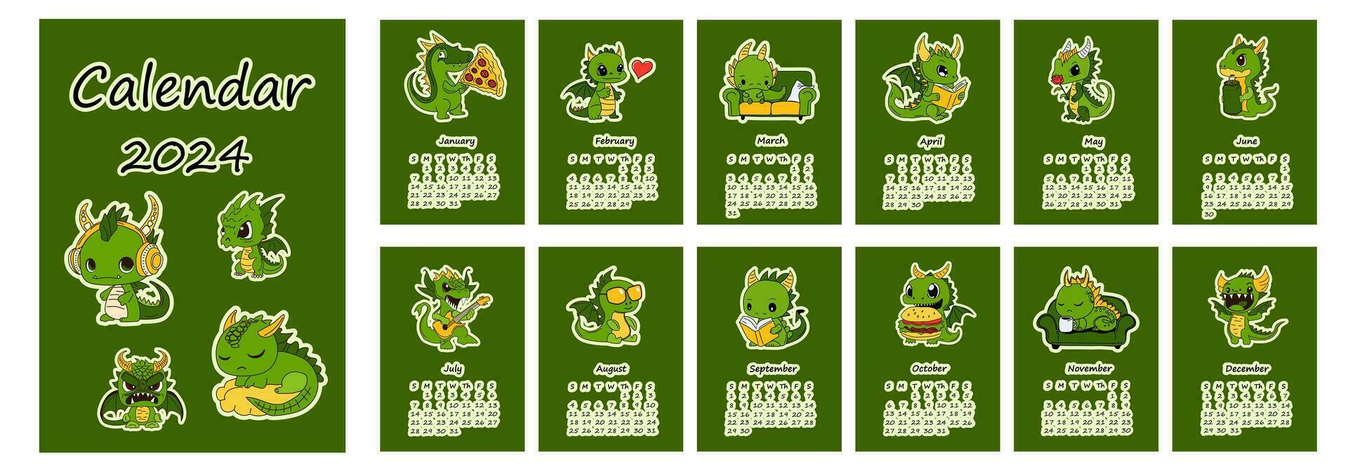 2024 calendar with green dragons design. Calendar planner minimal style, annual organizer. Vector illustration