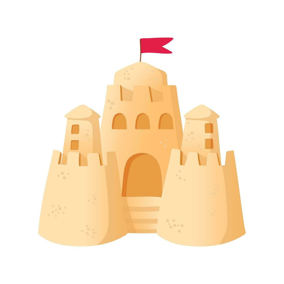 Sandcastle cartoon style vector illustration on white background. Sand fortress with towers on the beach, summer childhood hobby building