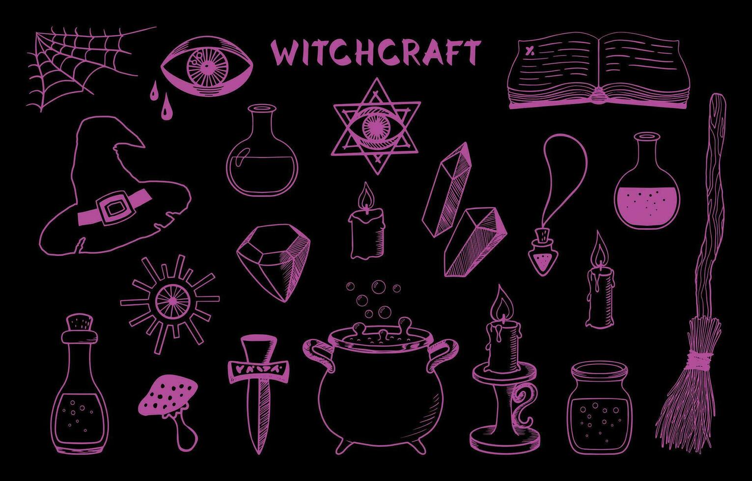 Mystic witchcraft symbols set. Magical hand drawn elements. Witch cauldron, hat, broom, candles and other design elements for Halloween. Sketch style. Vector illustration