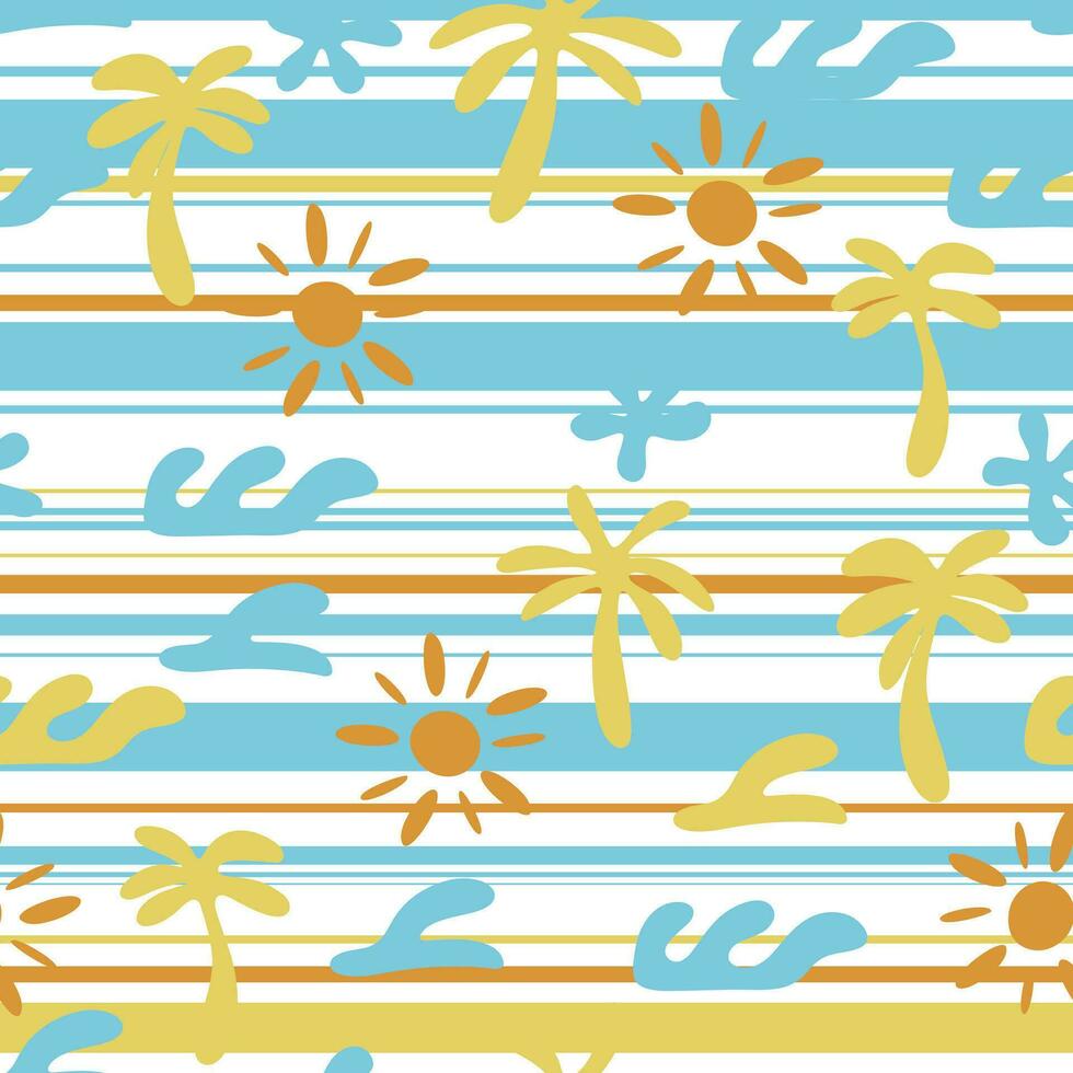 Seamless abstract pattern with sun, palm tree, waves. Vector illustration