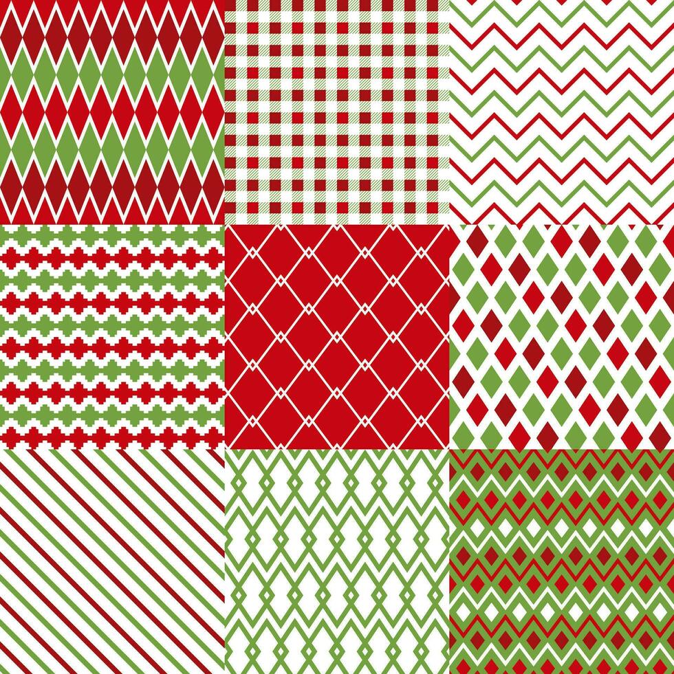 conjunto Navidad sin costura modelo. fiesta textura. Navidad, nuevo año festivo antecedentes. conjunto geométrico textil impresión con triángulo, raya, rombo, zigzag, celúla. rojo verde ilustración vector