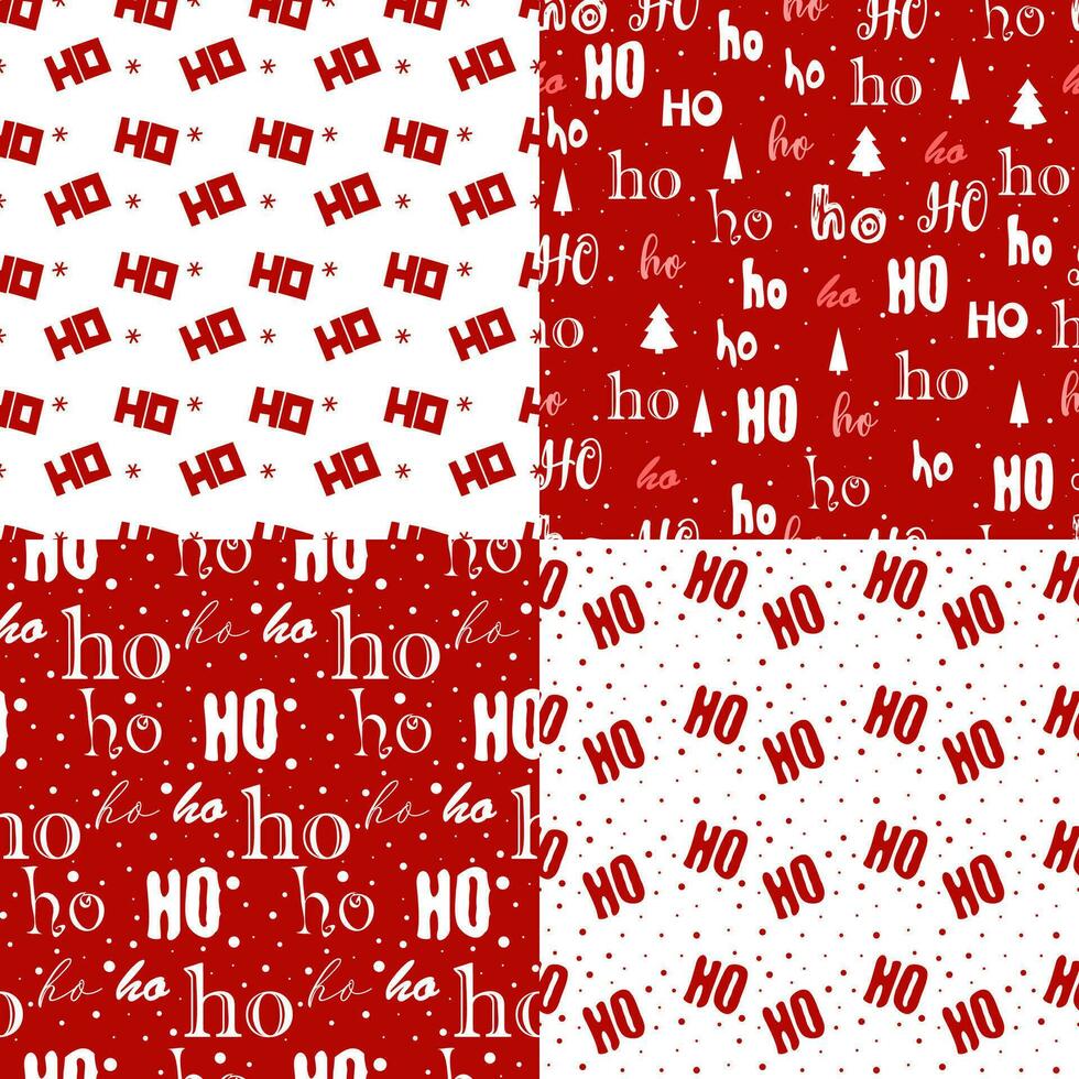 Set xmas seamless pattern with text ho ho ho with red background. Hand lettering greeting Christmas Santa laugh vector