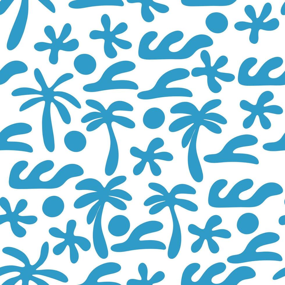 Seamless abstract pattern with sun, palm tree, waves. Vector illustration