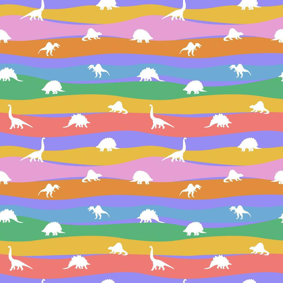 Seamless pattern with colorful dinosaurs on striped. Pattern for children's fabrics vector