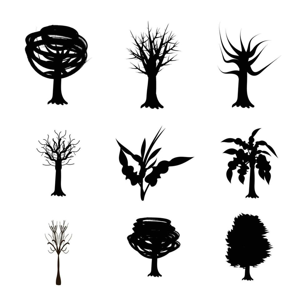 Tree silhouettes on white background. Black vector illustration. Tree black art design. Nature tree and leaf art