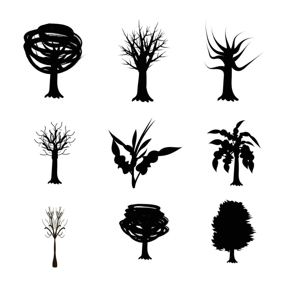 árbol siluetas en blanco antecedentes. negro vector ilustración. árbol negro Arte diseño. naturaleza árbol y hoja Arte