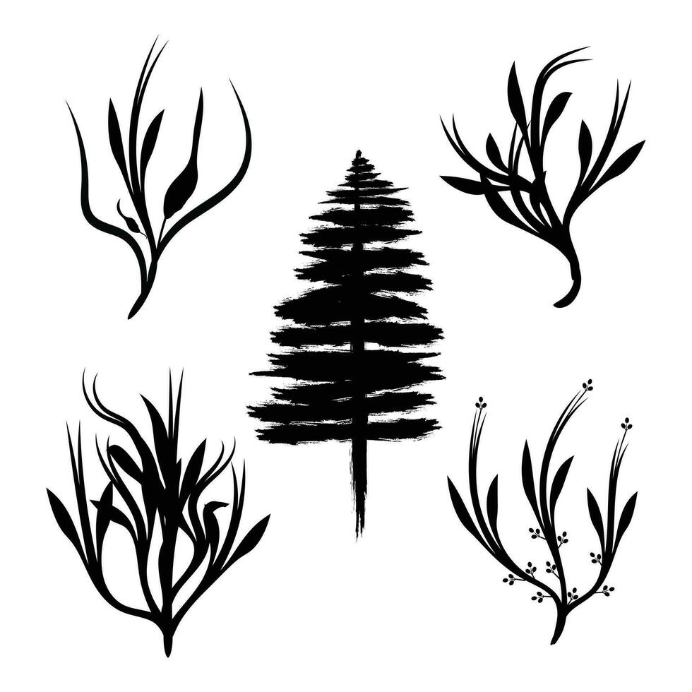 Tree silhouettes on white background. Black vector illustration. Tree black art design. Nature tree and leaf art