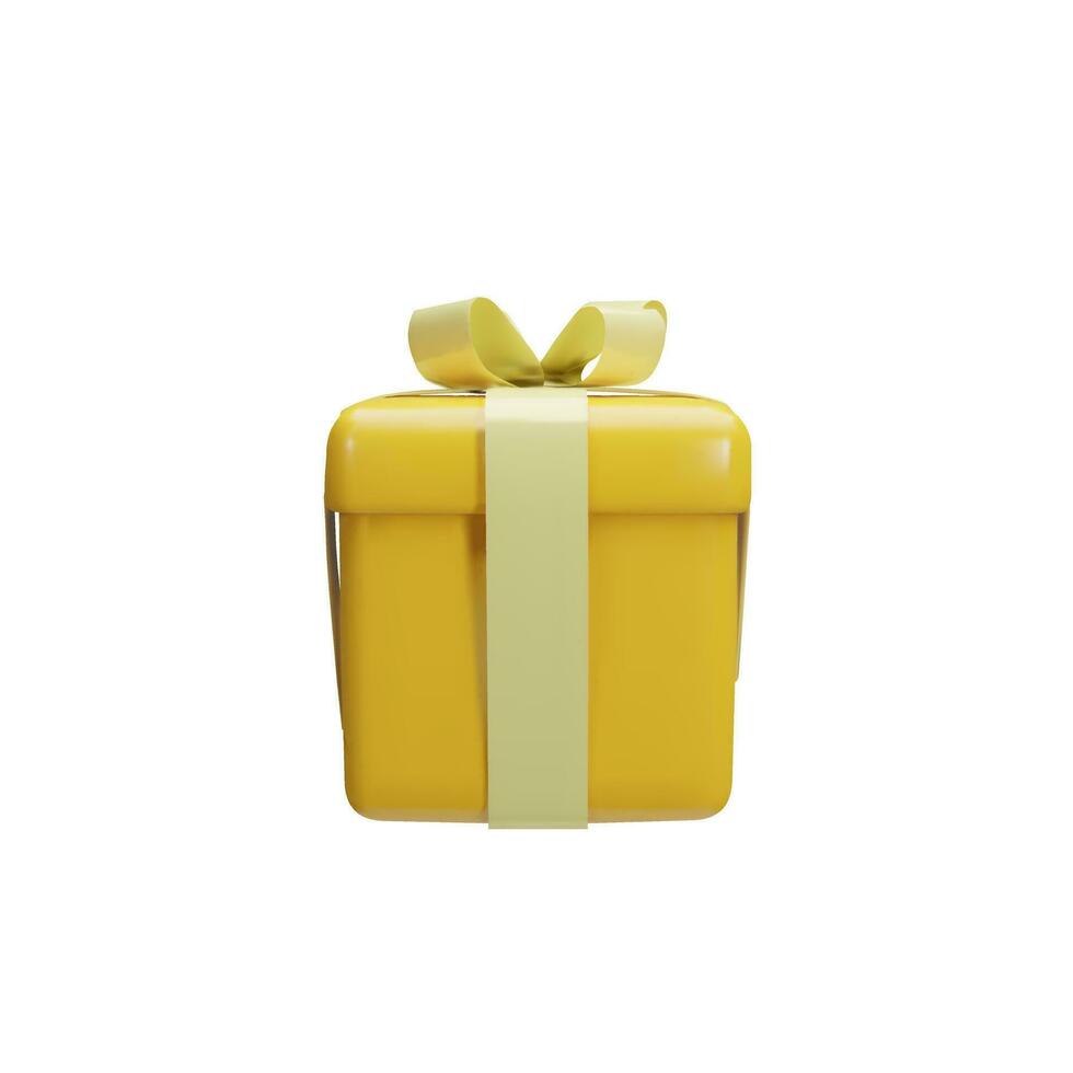 Realistic yellow gift box with gold ribbon bow front view isolated on a white background. 3d render modern holiday surprise box. Clay, plastic vector icon for present, birthday or anniversary banners