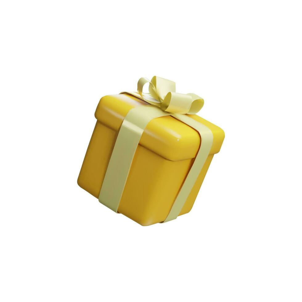 Realistic gold gift box with gold ribbon bow isolated on a white background. 3d render floating modern holiday surprise box. Clay, plastic vector icon for present, birthday or anniversary banners