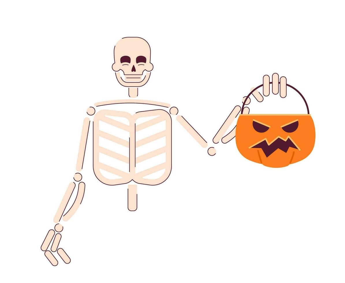 Skeleton trick-or-treating semi flat color vector character. Grinning skull holding pumpkin basket. Editable half body person on white. Simple cartoon spot illustration for web graphic design