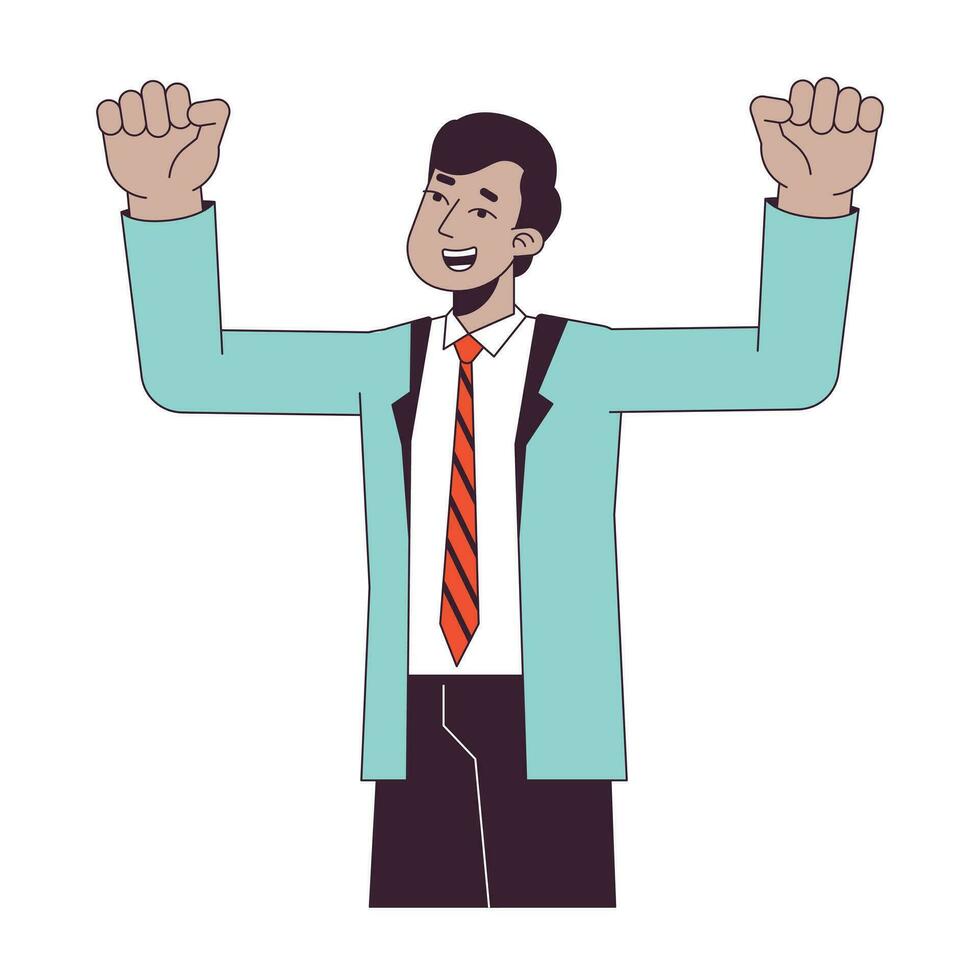 Indian corporate employee raising hands up flat line color vector character. Editable outline half body person on white. Happy worker simple cartoon spot illustration for web graphic design