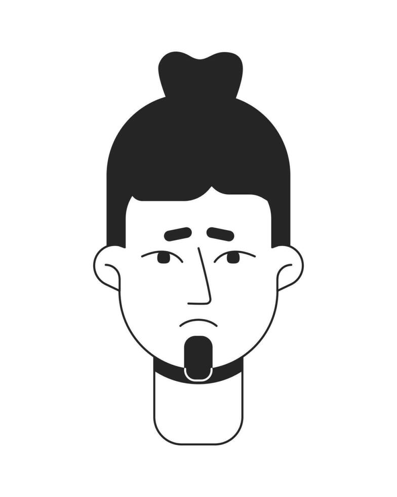 Sorrowful asian guy monochrome flat linear character head. Trendy bun hairstyle. Editable outline hand drawn human face icon. 2D cartoon spot vector avatar illustration for animation