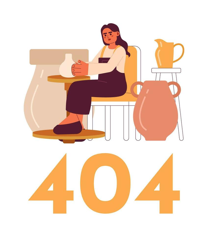 mujer en cerámica taller error 404 destello mensaje. creando cerámico maceta. vacío estado ui diseño. página no encontró surgir dibujos animados imagen. vector plano ilustración concepto en blanco antecedentes