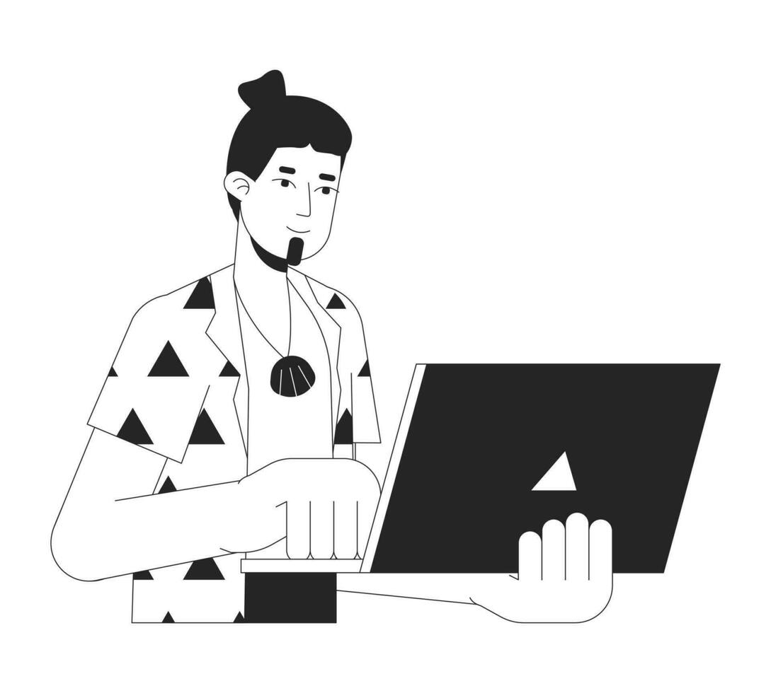 Cheerful man working flat line black white vector character. Editable outline half body freelancer typing message on white. Summertime vacation simple cartoon spot illustration for web graphic design