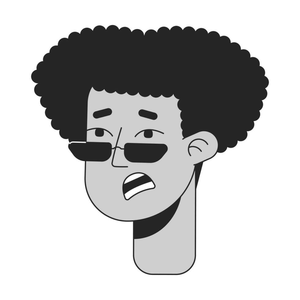 Scared young man with afro curls monochrome flat linear character head. Editable outline hand drawn human face icon. 2D cartoon spot vector avatar illustration for animation