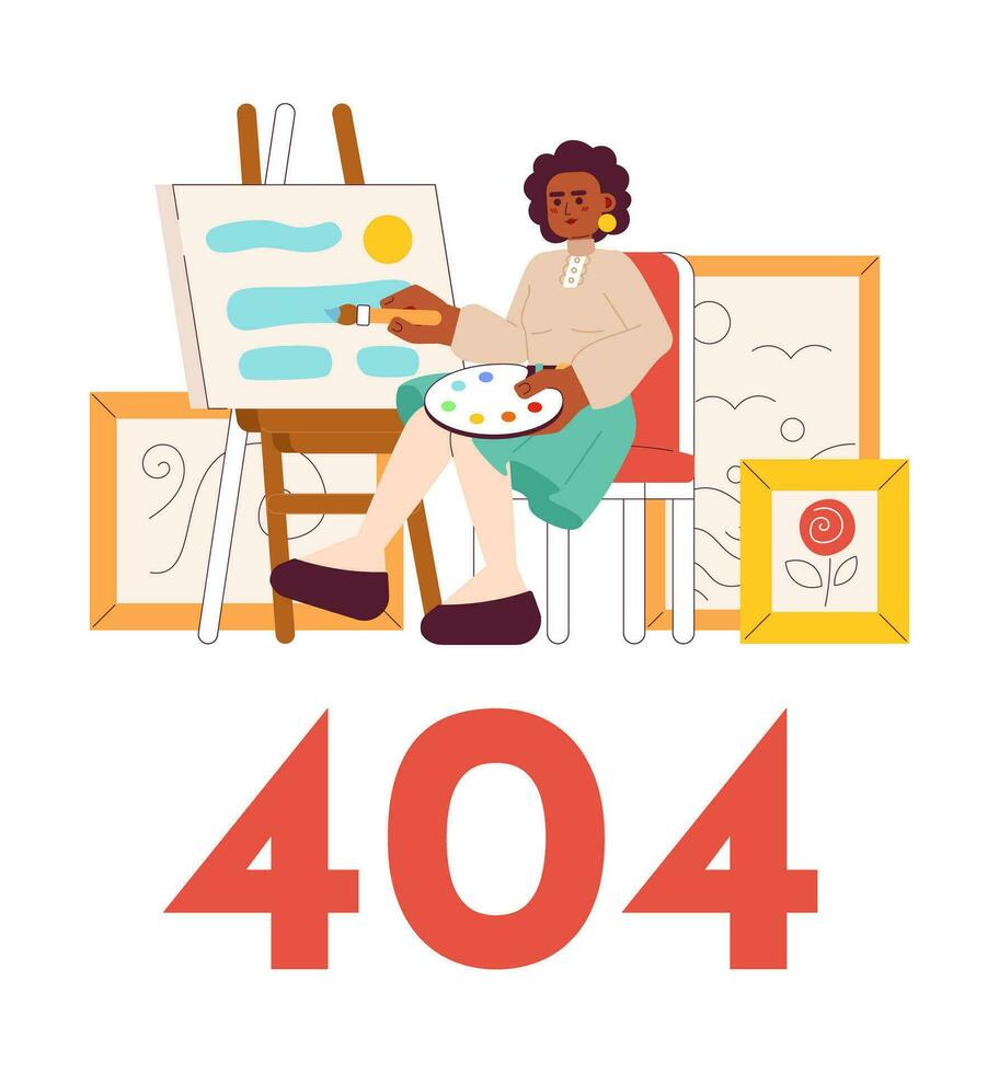 mujer en Arte estudio pintura imagen error 404 destello mensaje. creativo pasatiempo. vacío estado ui diseño. página no encontró surgir dibujos animados imagen. vector plano ilustración concepto en blanco antecedentes