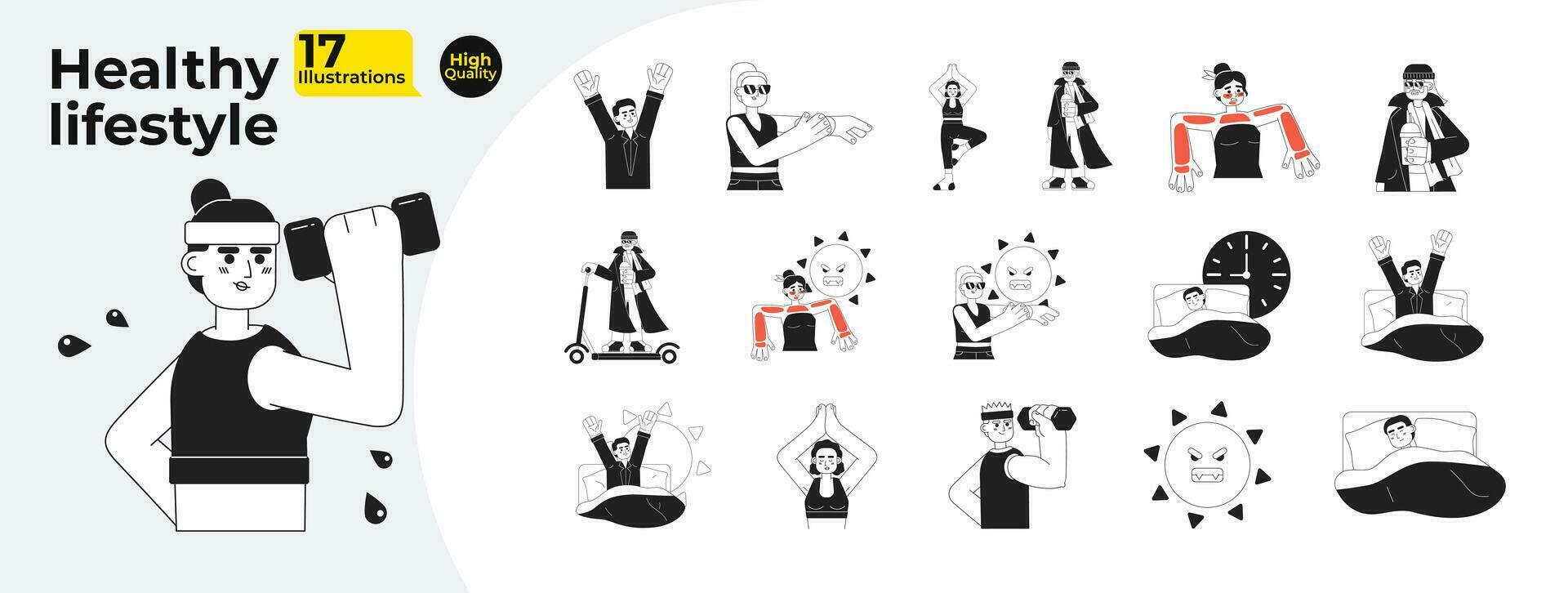 Healthy lifestyle monochrome concept vector spot illustrations bundle. Daily sport routine 2D flat bw cartoon characters for web UI design. Isolated editable hand drawn hero image collection