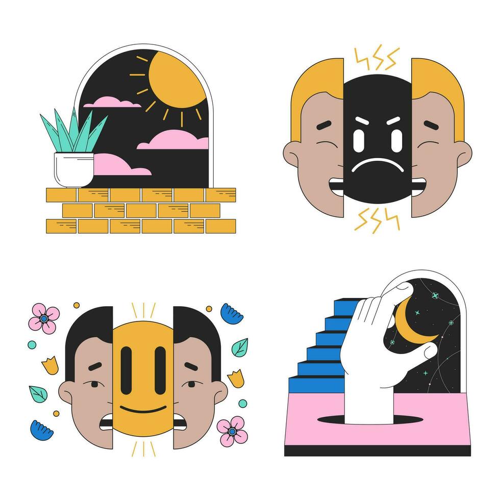 Psychedelic surreal flat line concept vector spot illustration set. Split faces, surrealism arc 2D cartoon outline scenes on white for web UI design. Dreams editable isolated color hero image pack