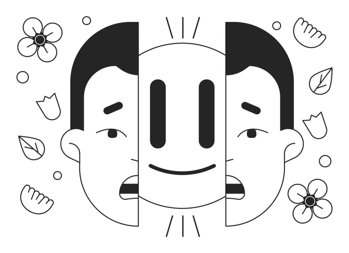 introvertido ocultación sentimientos bw concepto vector Mancha ilustración. tímido chico división cara 2d dibujos animados plano línea monocromo personaje para web ui diseño. emoticon sonriente editable aislado contorno héroe imagen