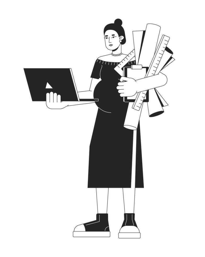 Pregnant architect woman with drawings bw concept vector spot illustration. Woman holding laptop 2D cartoon flat line monochromatic character for web UI design. Editable isolated outline hero image