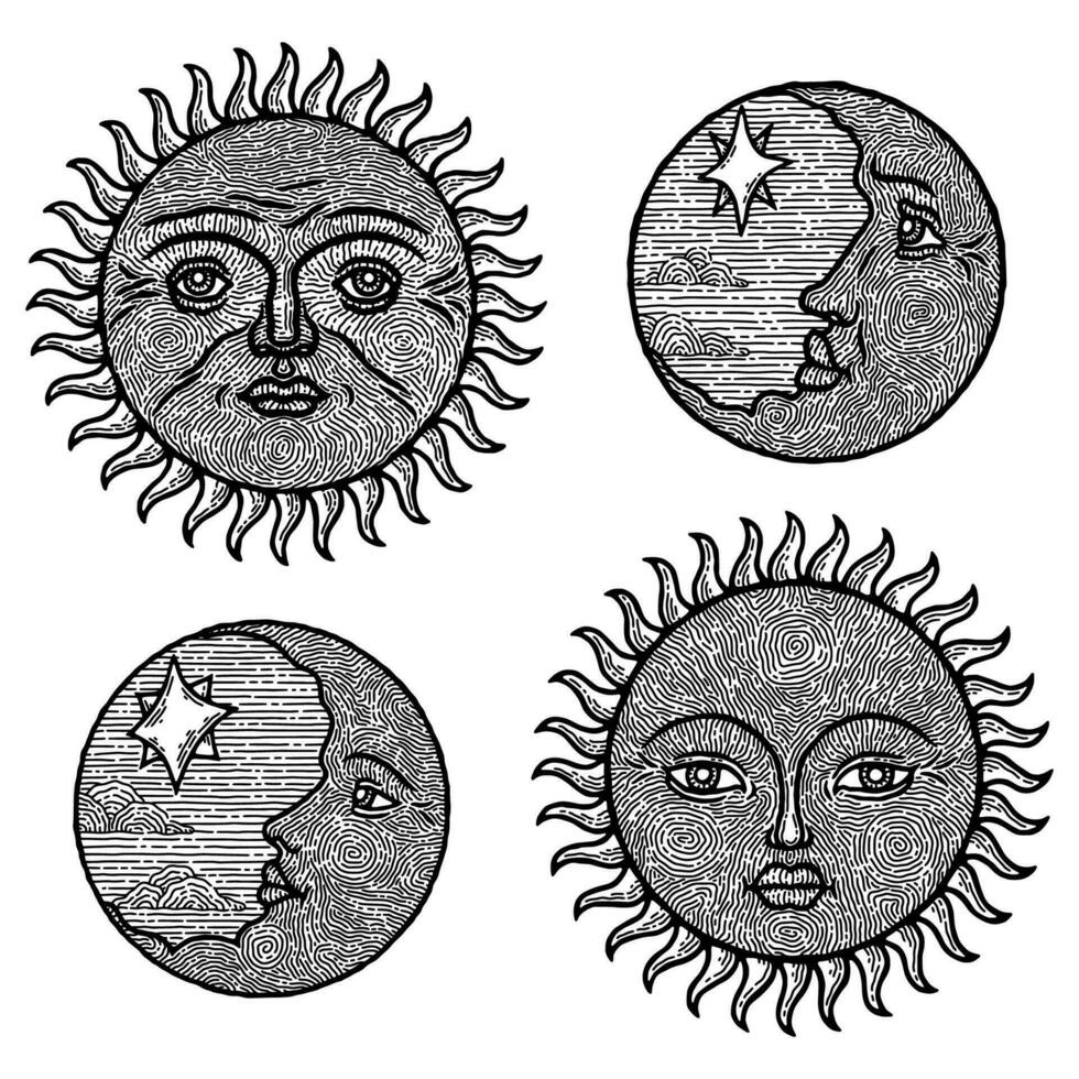 Sun moon tattoo. Mystic face, celestial drawing cards, engraved boho design elements, old star logo or icons, outline vintage symbol stickers, mystical crescent face. Vector isolated illustration set